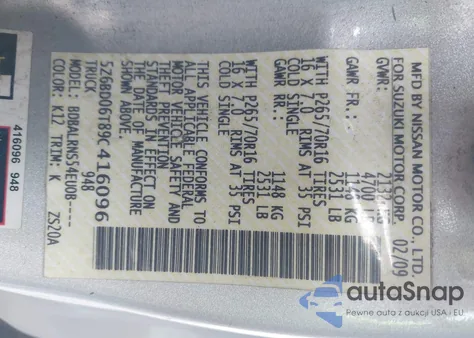 2009 Suzuki Equator Premium from USA, damaged, VIN 5Z6BD06T89C416096